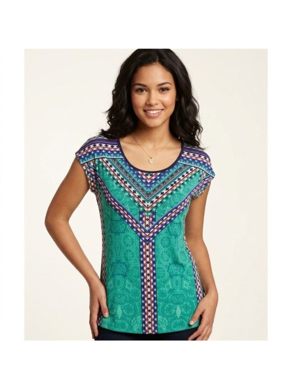 Ava James Womens Geometric Print Short Sleeve Top Teal & Multi-Color Lightweight